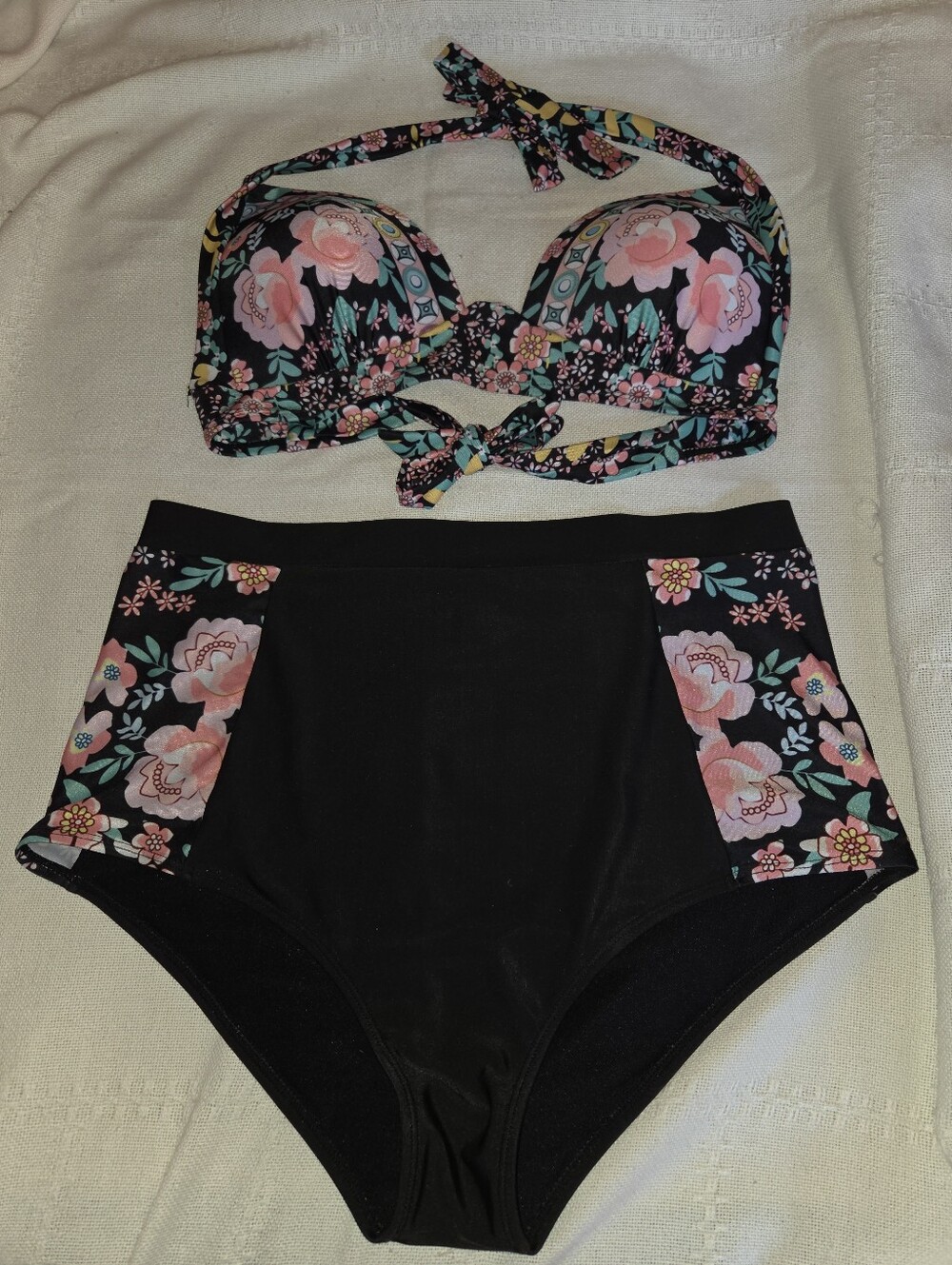 Floral Black High-Waist Bikini Set - Pink & Green Flowers - Picture 1 of 7